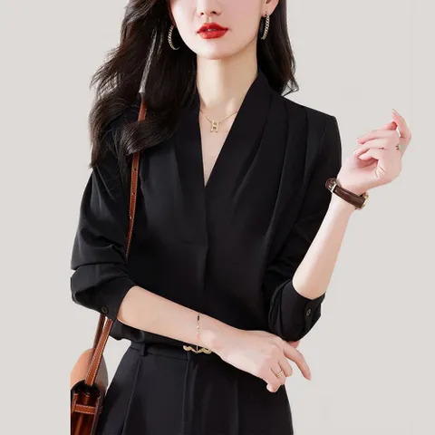 여성 브이넥 쉬폰 긴팔 블라우스 여자 긴팔 셔츠 하객룩 출근룩 오피스룩 블랙 화이트