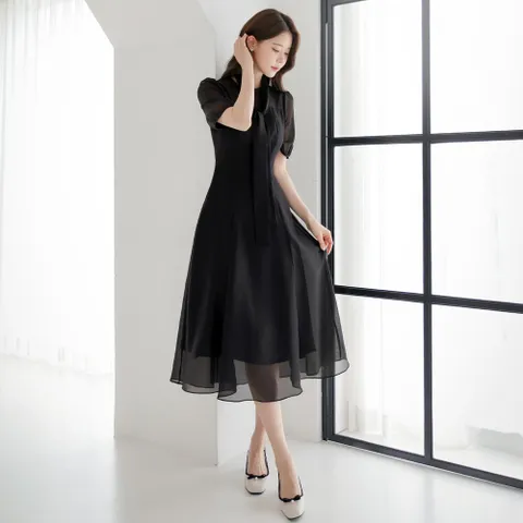 (~XXL까지) 데이민 스카프 시스루 쉬폰 플레어 원피스 여름 하객룩 오피스룩 데이트 모임 미시 빅사이즈