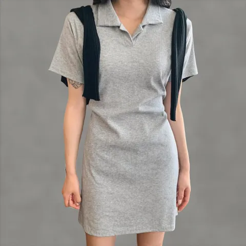 여자 카라넥 오픈 ㄹ골지 미니 반팔 원피스