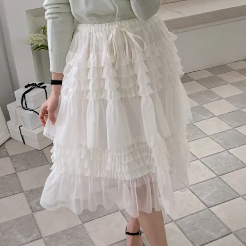 여자 티어드 프릴 발레코어 비침 시폰 스커트
