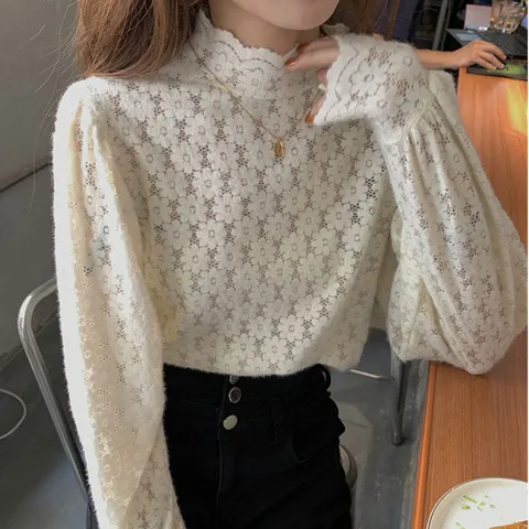 시스루 레이스 블라우스 하이넥 청바지코디 여친룩 여름블라우스 여성블라우스