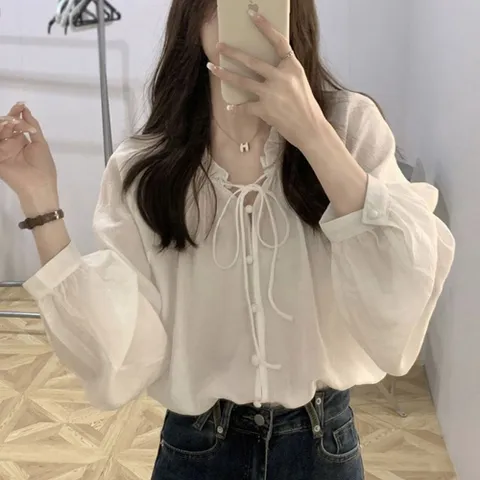 콩단추 긴팔 블라우스 얇은소재 넥 셔링 스트링 2컬러 여름블라우스 여성블라우스