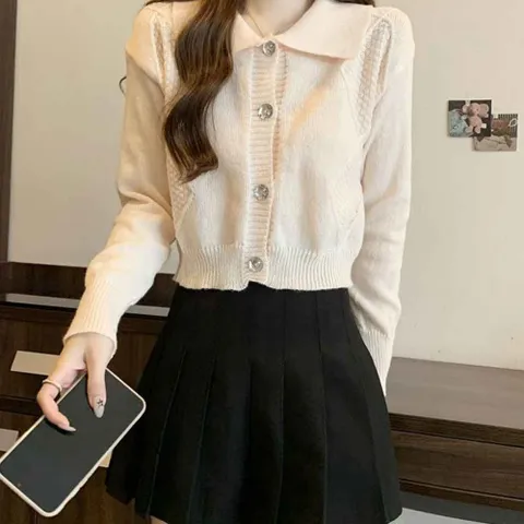 빅카라 크롭기장 카디건 여성 러블리 긴팔 아가일패턴