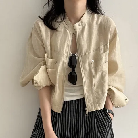 [브리치]  / 스탠드 카라넥 크롭 여름 긴팔 자켓