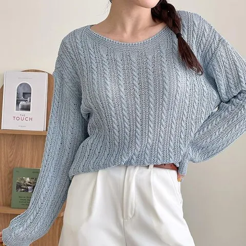 [하프클럽] 여자 비침 박시핏 여성스러운 U넥 피셔맨 니트