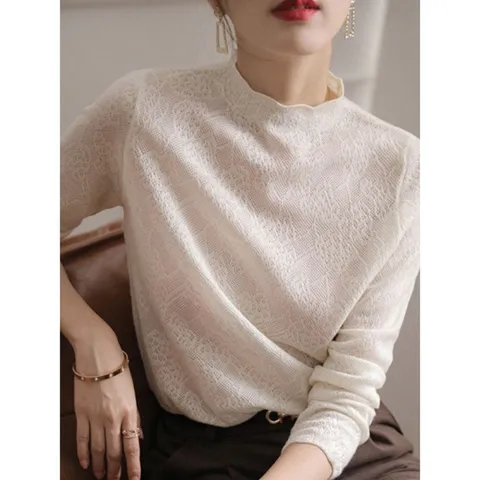 [브리치] 제로투올샵 / 가을 얇은 레이스 니트 블라우스 여성 긴팔 블랙