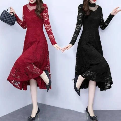 CESS 9551 망사하이넥 레이스원피스 2색상 레이스 원피스 긴팔 롱 치마 원피스 레이스원피스
