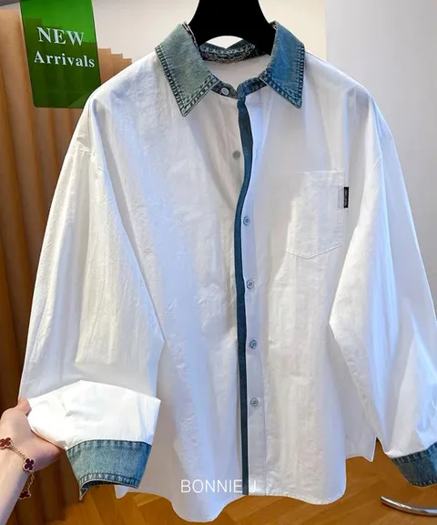 [브리치] 보니제이 / 배색 여성 와이셔츠 흰색 남방 오버핏 데님넥  포인트