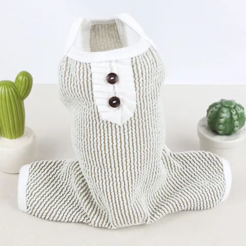 강아지 스트라이프 투버튼 올인원 베이지 1P 여름 반려견민소매올인원 반려견올인원