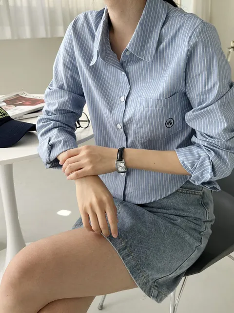 [브리치] 에이치다 / 피켓 스트라이프 자수 크롭 셔츠 3color
