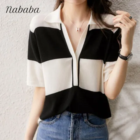 [브리치]  / NK558 여성 브이넥 카라 스트라이프 배색 티