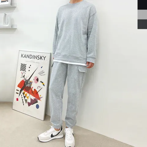 블레오 남성 겨울 기모 트레이닝복 맨투맨 밴딩 카고 팬츠 세트