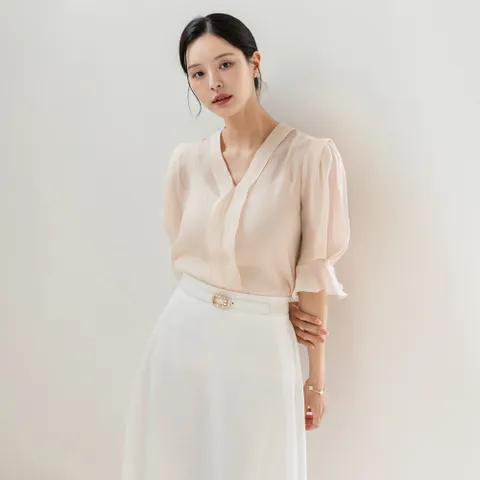 (~XL까지) 드마넬 쉬폰 프릴 진주 블라우스 여름 시스루 하객룩 오피스룩 데이트 모임 미시 빅사이즈