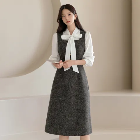 (~XXL까지) 말로디엘 스퀘어넥 슬리브리스 트위드 원피스 가을 하객룩 오피스룩 모임룩 격식룩 빅사이즈