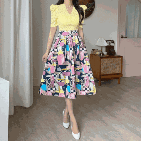 [하프클럽/엘린무드]마티스 새틴 자가드 벌룬 공주 밴딩 A라인 플레어 훌 롱 공주 여신 파티 유니크 스커트2COLOR