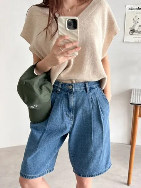 [브리치] 에르디테 / 레직기 데님 핀턱 와이드 5부 청 반바지 버뮤다 팬츠