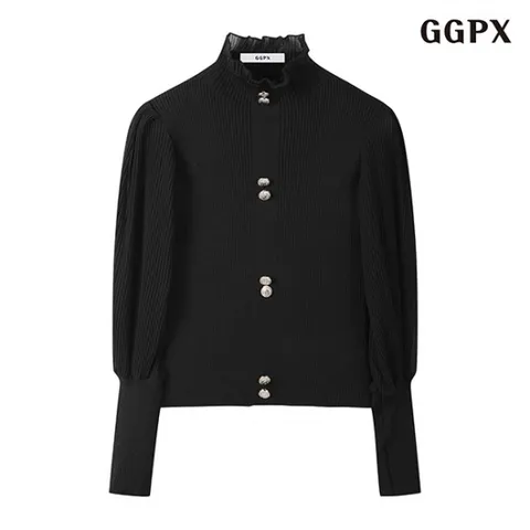 정상가 69000원ㅣ페미닌 프릴넥 페이크 버튼 여성 블라우스 (GOCBA004D)