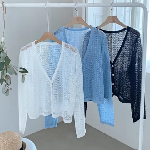 여자 썸머 시스루 펀칭 그물 비스코스 긴팔 가디건
