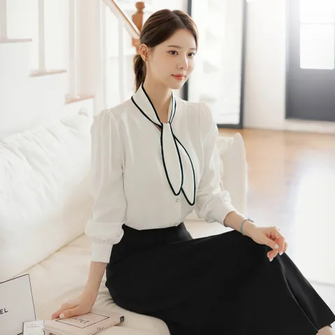 (~XXL까지) 프레노 배색 타이넥 퍼프소매 블라우스 가을 하객룩 오피스룩 모임룩 격식룩 빅사이즈