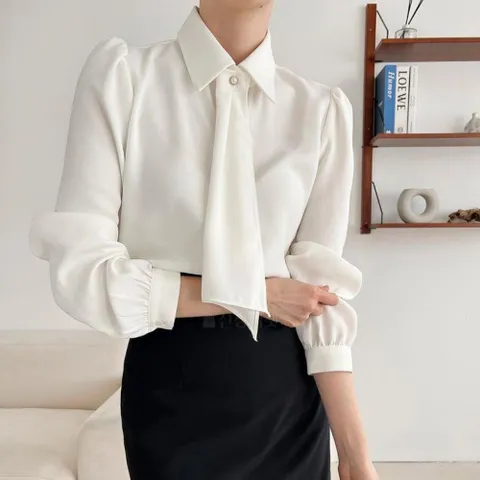 여자 겨울블라우스 도톰 진주 타이 긴팔 하객룩 셔츠