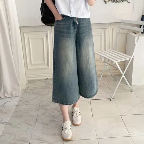 [하프클럽]  탄탄 버뮤다핏 밴딩 7부 와이드청바지