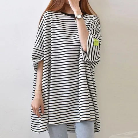 데일리룩 기장 롱 루즈 티셔츠 리복 반팔 맨투맨 패션 루즈핏 스트라이프 라운드넥