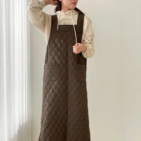 [다잇템] 여자 패딩원피스 누빔 슬릿 주머니 롱원피스
