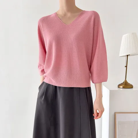 여자 봄 여름 시원한 린넨 홀가먼트 무지 7부 브이넥 숏 니트 티셔츠 핏이 예쁜 이너티