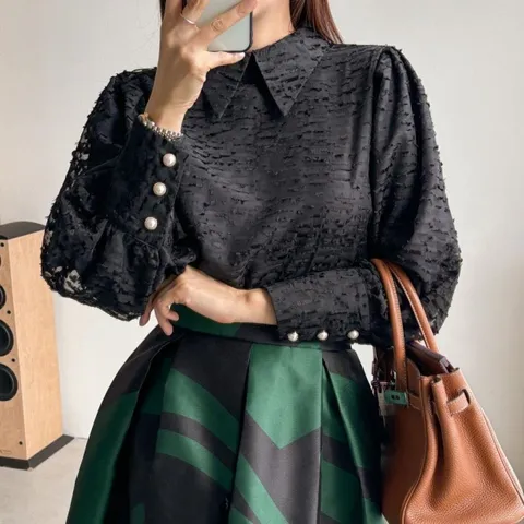 여자 시폰 번아웃 롱슬리브 펌킨 겨울하객 셋업 블라우스