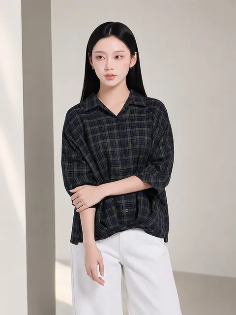 밑단 셔링 체크 블라우스_HCFFBL101