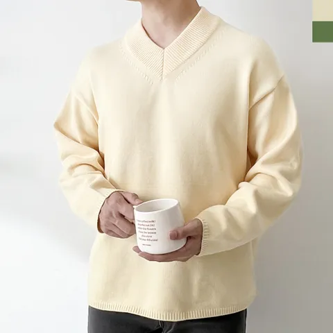 블레오 남자 봄 가을 브이넥 기본 데일리 무지 긴팔 니트