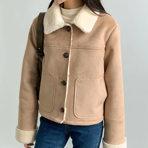 모던스타일 여자 퍼카라 부드러운 스웨이드 페이크 무스탕 숏 점퍼 따뜻한 겨울 인조가죽 아우터