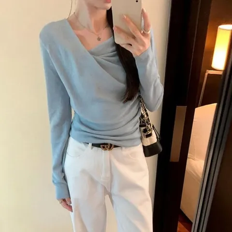 [오노마] ONM 셔링 목선 주름 여성 쫀쫀 슬림핏 니트 블루 (27758130)