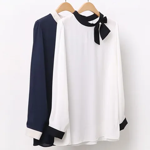 배색 리본 펄 블라우스 2084546S 빅사이즈 여성