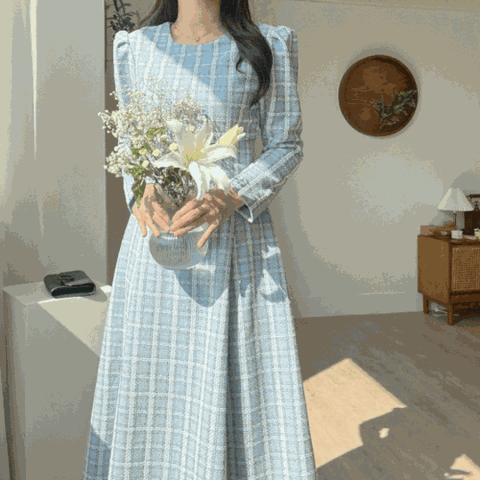 [하프클럽] 콘소메 체크 크롭 볼레로 레이어드 슬림 숄더 패드 트위드 A라인 플레어 롱 맥시 여신 하객 오피