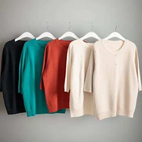 여성용 가을 버튼 라운드넥 7부 기본핏 절개 니트