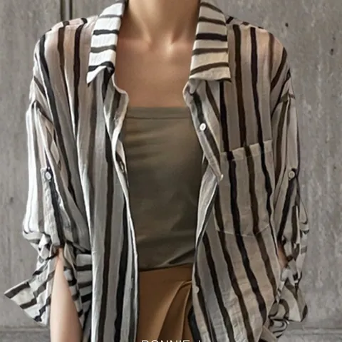 [브리치] 보니제이 / 나염 시스루 스트라이프 여성 셔츠 스트랩 롤업 소매