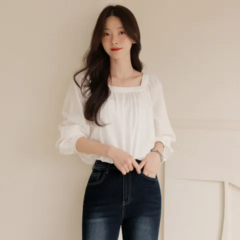 (~XXL까지) 카리네뜨 스퀘어넥 셔링 블라우스 가을 출근룩 하객룩 데이트 오피스룩 모임룩 격식룩 빅사이즈