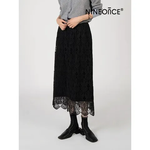 [하프클럽] H라인 배색 레이어드 스커트 레이스니트SK