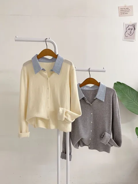 [브리치]  / 볼빗 스트라이프 셔츠 카라 레이어드 니트 가디건(2color)