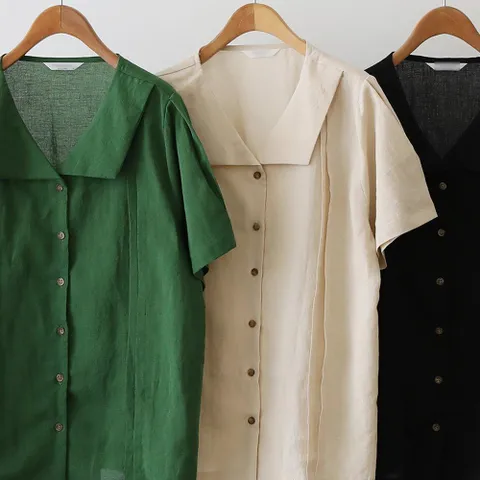 핀턱 카라 린넨 블라우스 206K066S 빅사이즈 여성