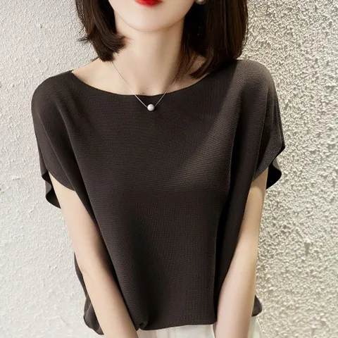 여성 반팔 여름 니트 여자 고급 무지 티 셔츠 챠콜 니트옷 니트상의 라운드넥니트 여리여리니트