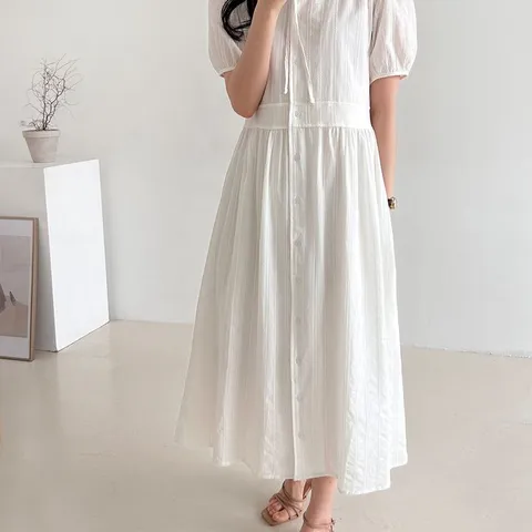 [브리치]  / 리본 여신 공주 반팔 롱 원피스 루즈 오버 핏 빅사이즈 면 블랙 화이트