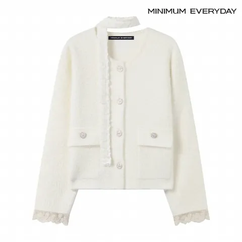 에브리데이] 정상가 79,000원  에브리데이]레이스 배색 타이 로즈 버튼 가디건 (EB4CK014D)