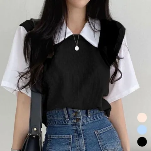 셔츠 여성 캐주얼 니트 조끼 필수템 레이어드 스타일 여성티셔츠 카라티셔츠 니트티셔츠