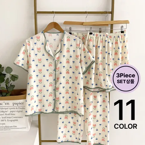 [브리치]  /  SET상품  여성 산들 지지미 상하복 3피스 잠옷 세트/ 11컬러