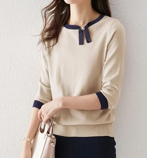 니콜 진주버튼 타이 7부소매 니트