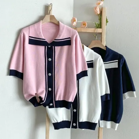 [M7] 여자 모양 시보리 빅카라넥 반소매 가디건