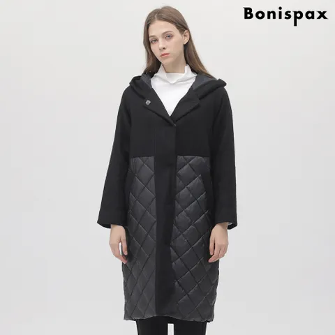 보니스팍스 덕다운 퀼팅 배색 울혼방 롱 점퍼-BY42JP510
