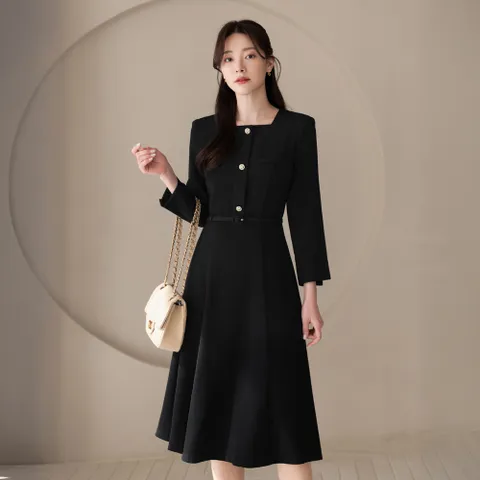 (~XXL까지) 히드앤 스퀘어넥 벨트 플레어 원피스 봄가을 오피스룩 하객룩 데이트룩 모임룩 미시룩 빅사이즈